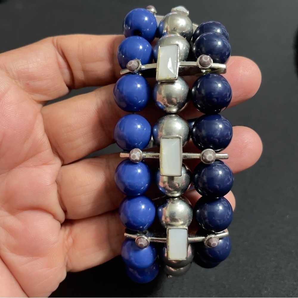 Bold Stretch Bead Bracelet - Blue & Silver Multi-Strand Statement Jewelry